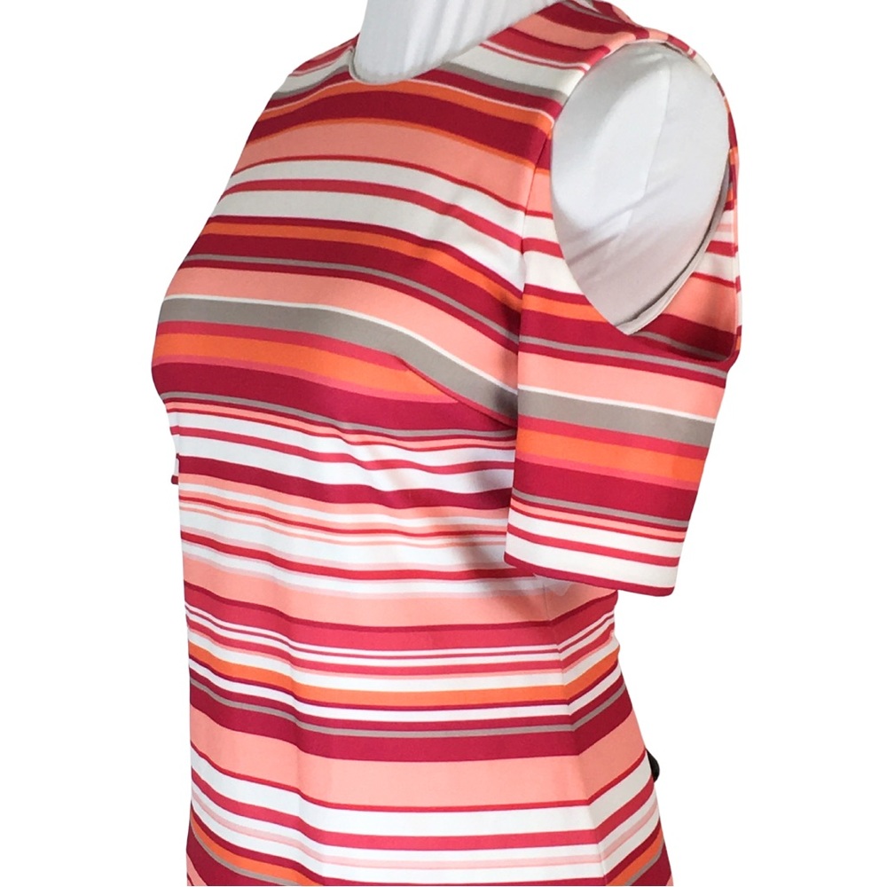 Calvin Klein HIBISCUS Pink Orange Striped Cold Shoulder A-Line Midi Dress size 6 - Picture 5 of 16